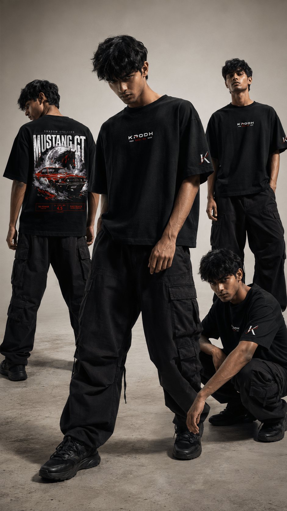 KRODH SS26 — oversized graphic tees and cargo trousers, shot in studio